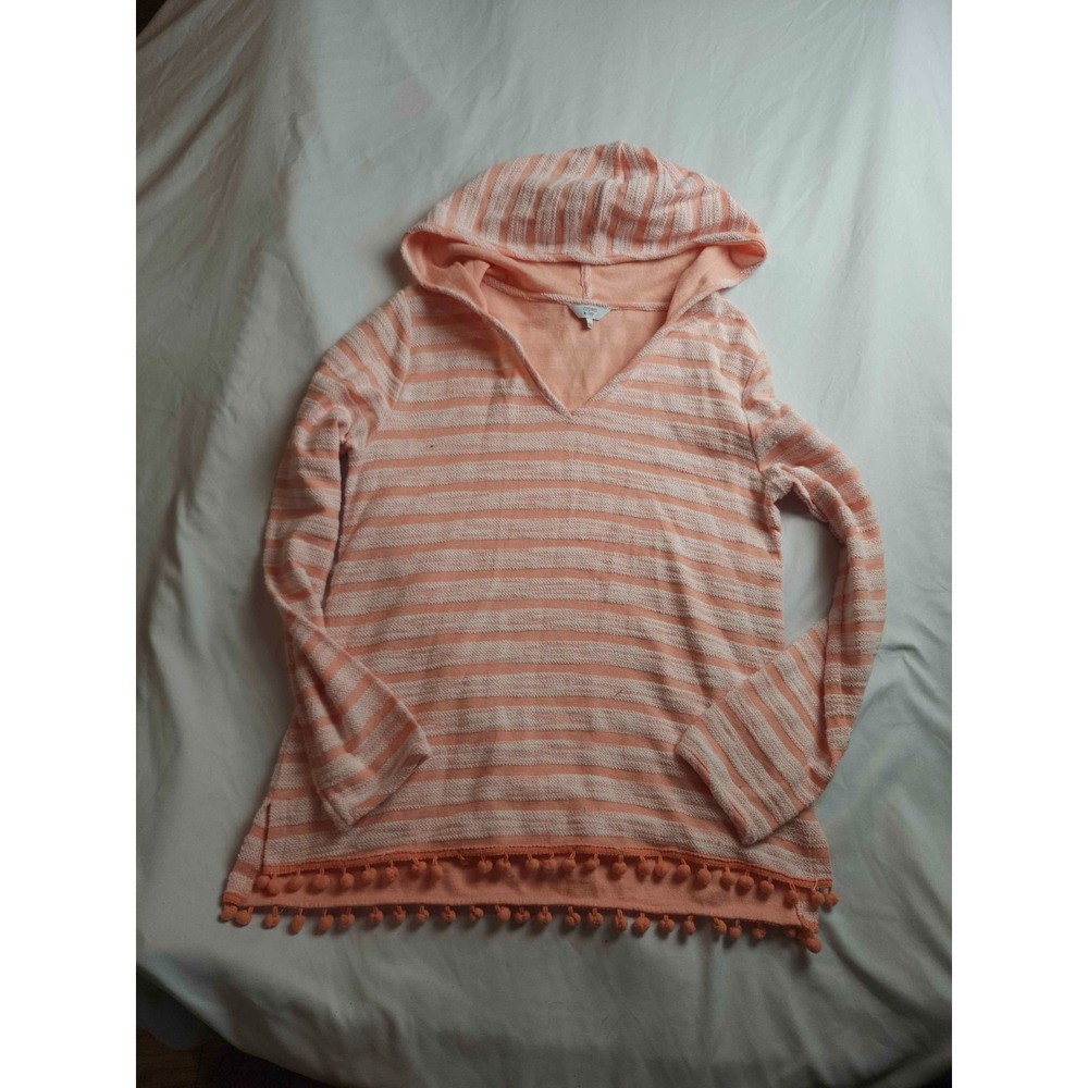 Crown & Ivy Pullover Hoodie Womens Small Peach Knit Striped Pom Pom Trim Casual